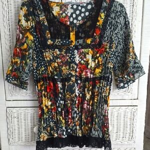 NY Collection Black and Red Smocked 3/4 Sleeve Blouse